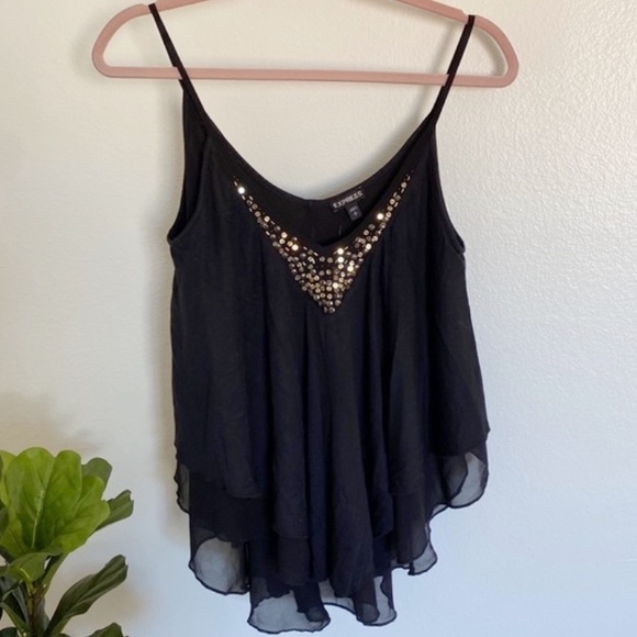NWT Express Black Flowy Beaded Neckline Tank S - Picture 1 of 7